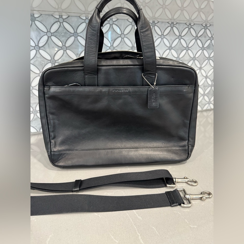 Coach Hudson Commuter Leather Laptop Briefcase F71701 Smooth Black Leather